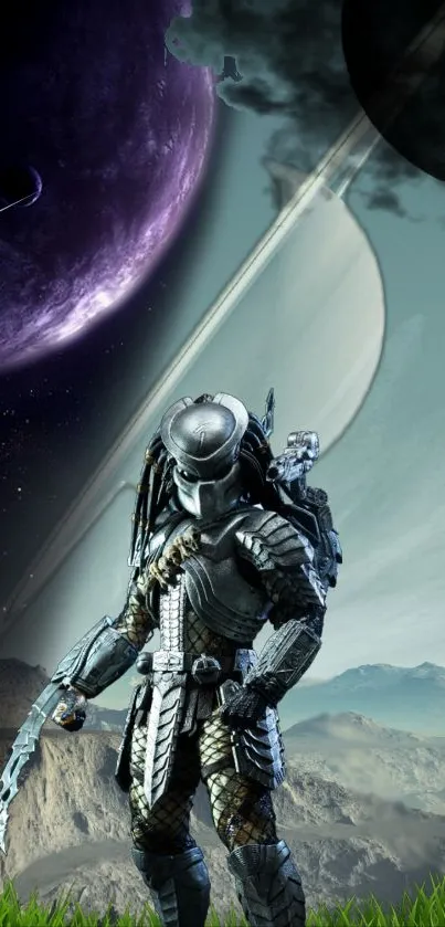 Armored alien warrior in cosmic landscape with planets and mountains.