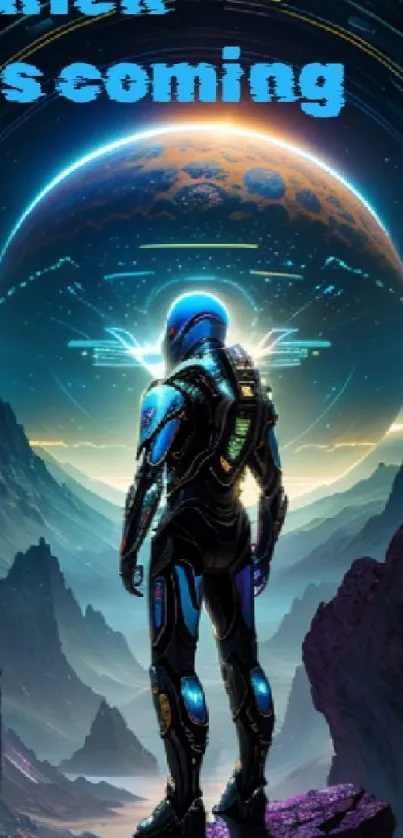 Futuristic alien landscape with a cosmic traveler under a glowing blue planet.
