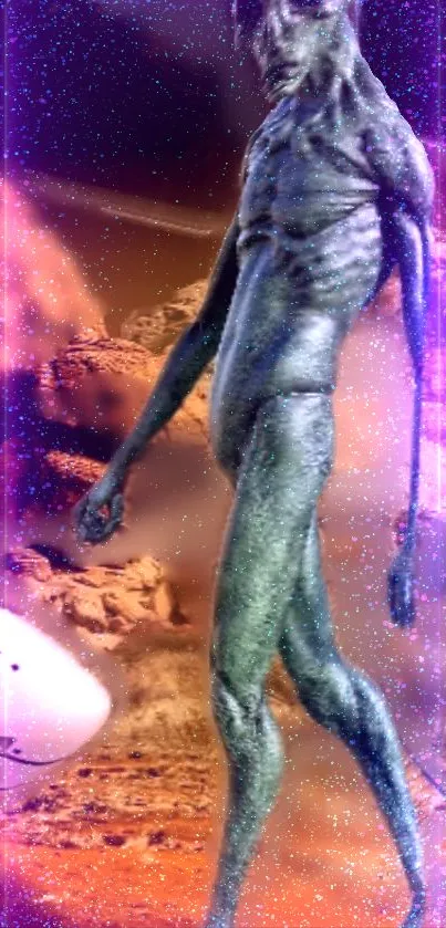 Surreal alien landscape with cosmic colors and a futuristic figure.