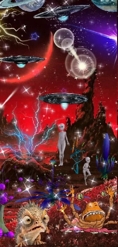 Colorful alien world with UFOs and planets in a red landscape.