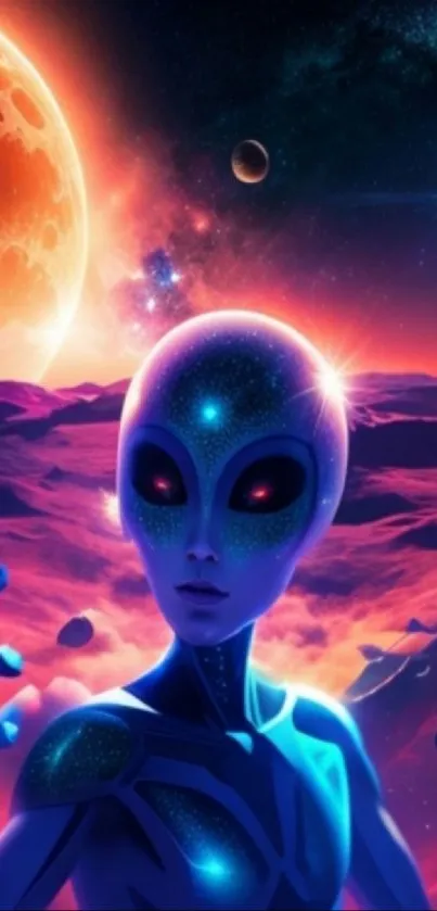 Alien taking a selfie on a vibrant cosmic planet.