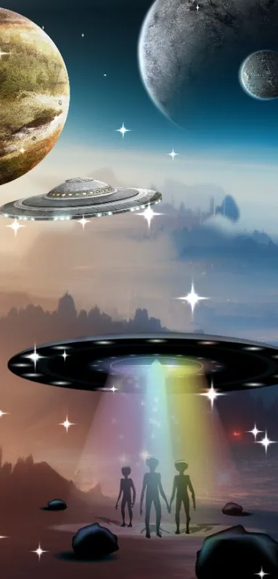 Futuristic alien landscape with planets and UFOs casting neon lights.