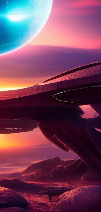Futuristic alien landscape with sunrise and spaceship.