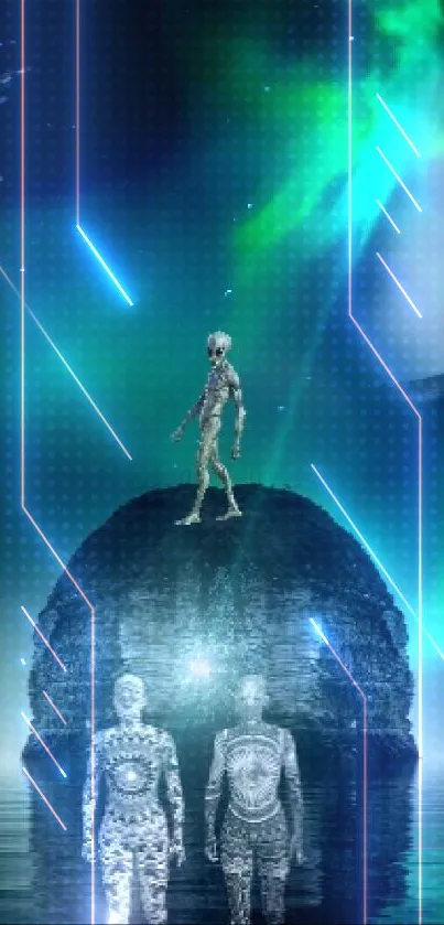 Mysterious alien landscape with glowing figures under a cosmic night sky.