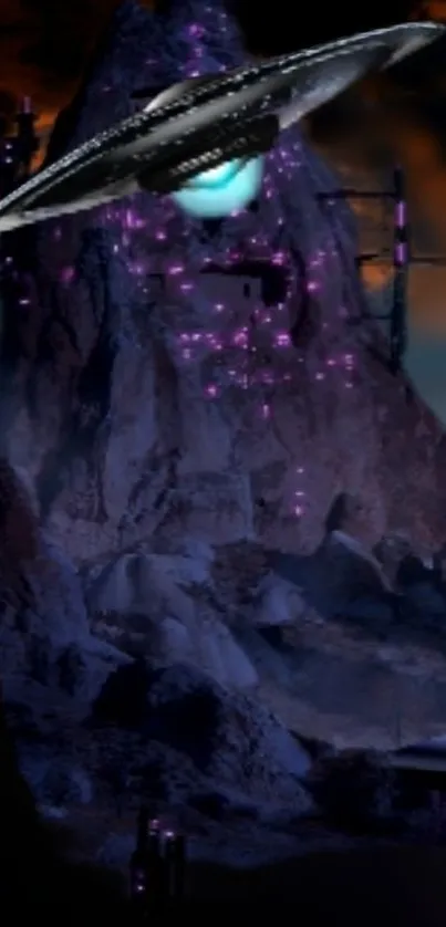 Futuristic alien landscape with spaceship and glowing mountains.
