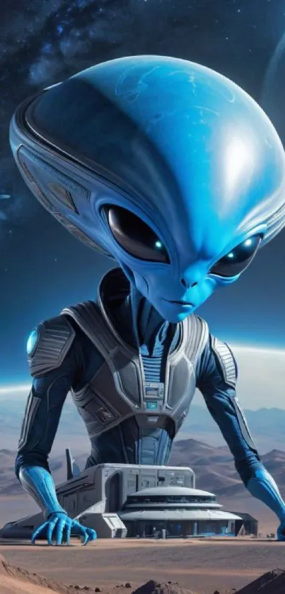 Alien figure on Mars with space station backdrop.