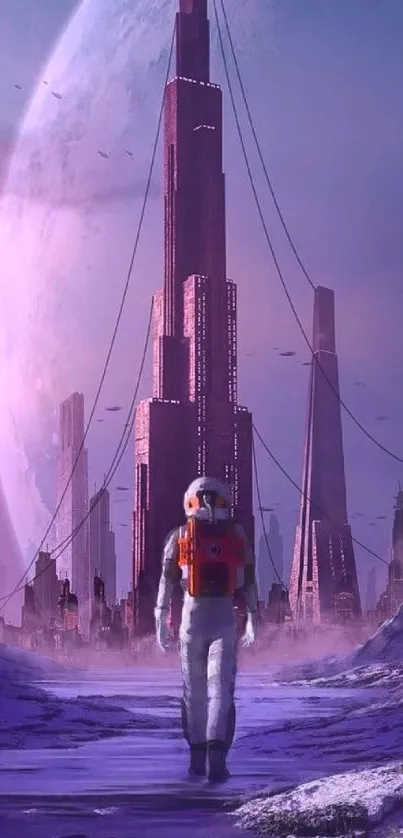 Astronaut in futuristic alien landscape with towering structures and purple hues.