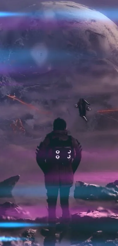 Man stands in futuristic alien landscape under a giant celestial body with spaceships.