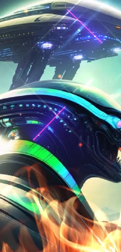 Futuristic alien landscape with neon colors and spaceship.