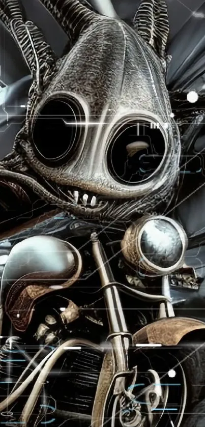 Futuristic alien creature on motorcycle wallpaper.