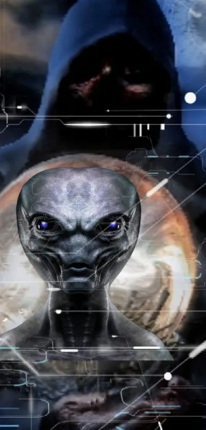 Futuristic alien with blue eyes in a digital dark theme.