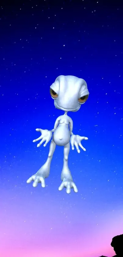 Futuristic alien figure in a starry night sky background.