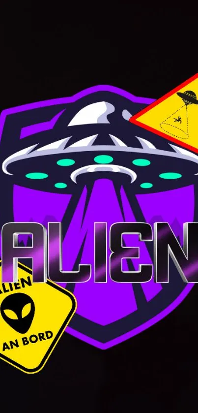 Purple and black alien-themed wallpaper with UFO design.