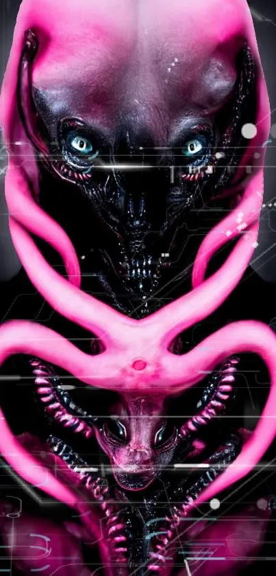 Futuristic alien design with neon pink and cybernetic patterns.