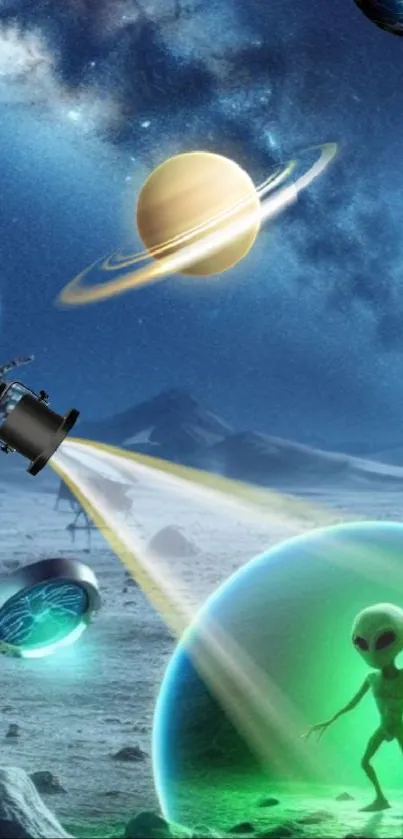 Alien planet scene with spaceships and planets.
