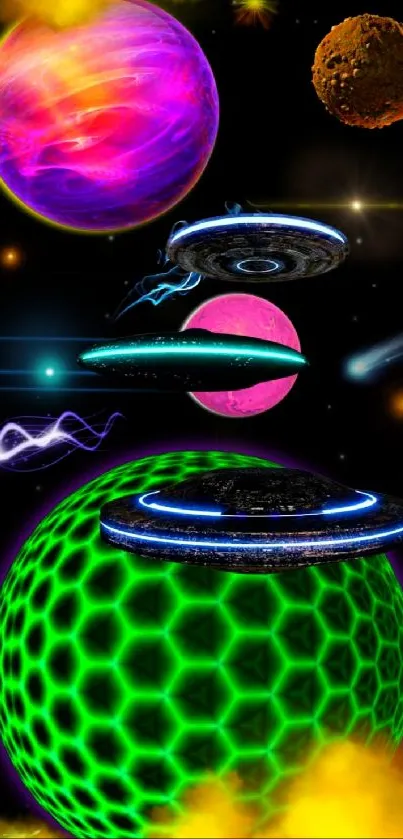 Vibrant alien planet wallpaper with spaceships and neon colors.