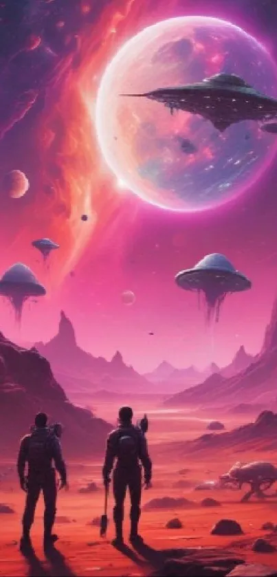 Two figures explore an alien landscape with spaceships and planets in a colorful night sky.