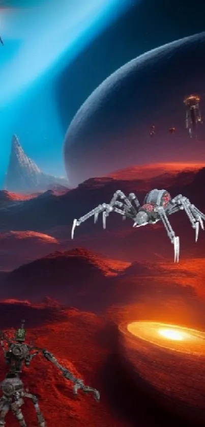 Futuristic alien planet with robots in a sci-fi themed mobile wallpaper.