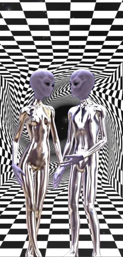 Chrome aliens in a black and white vortex wallpaper.