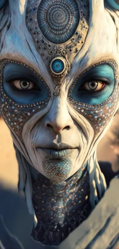 Futuristic alien portrait with vibrant blue hues and intricate facial details.