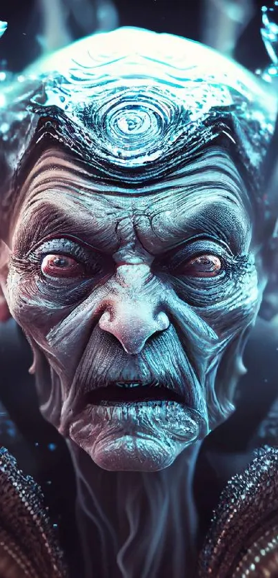 Intricate futuristic alien portrait wallpaper with dark cyan tones.