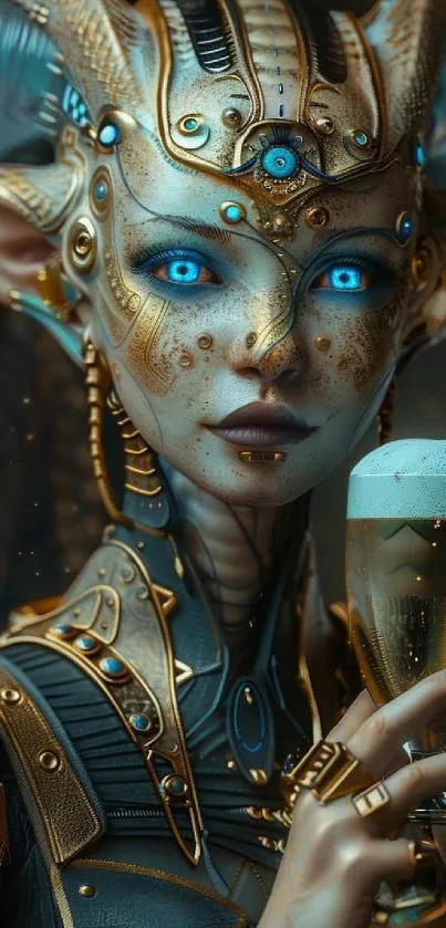 Futuristic alien warrior with blue eyes and golden armor holding a beverage in hand.