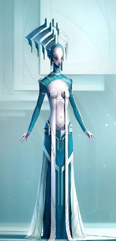 Futuristic alien figure in turquoise hues with intricate design elements.