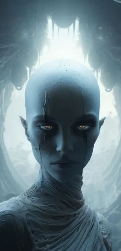 Futuristic alien figure with glowing eyes in a digital artwork.