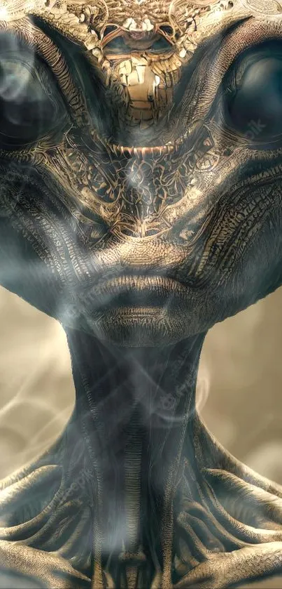 Intricate futuristic alien portrait wallpaper with detailed textures.