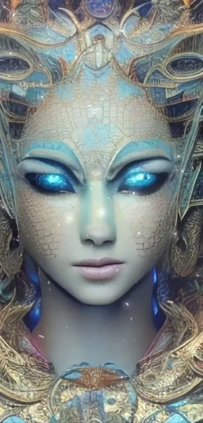 Futuristic figure with glowing blue eyes and intricate golden details in digital artwork.