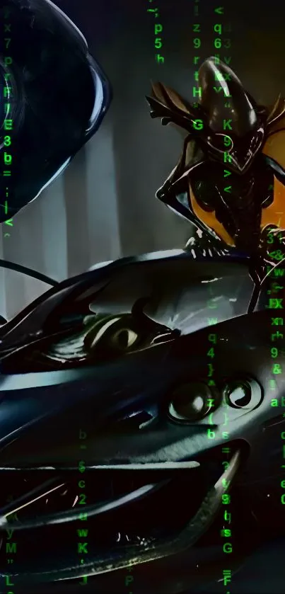Futuristic wallpaper with alien driving a race car in a sci-fi setting.