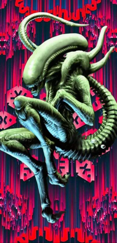 Futuristic alien creature on vibrant pink background.