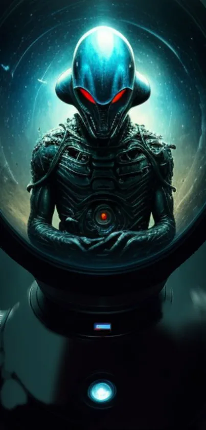 Futuristic alien figure with glowing eyes, sci-fi wallpaper.