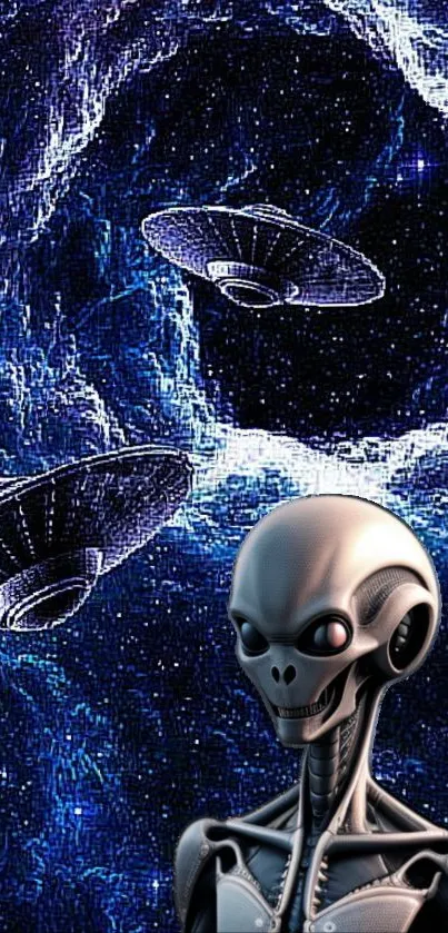 Alien and UFOs in cosmic space scene wallpaper.