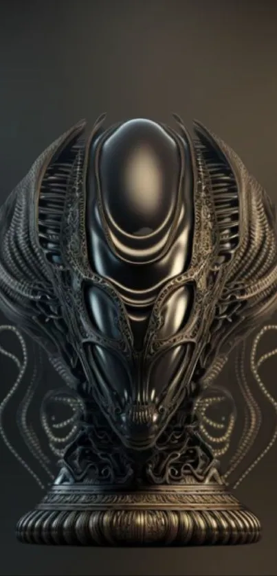 Futuristic alien sculpture on dark background.