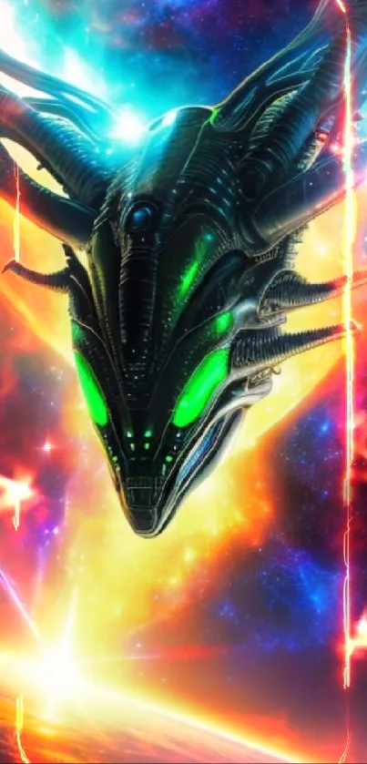 Futuristic alien spacecraft in vibrant space with neon colors and cosmic backdrop.