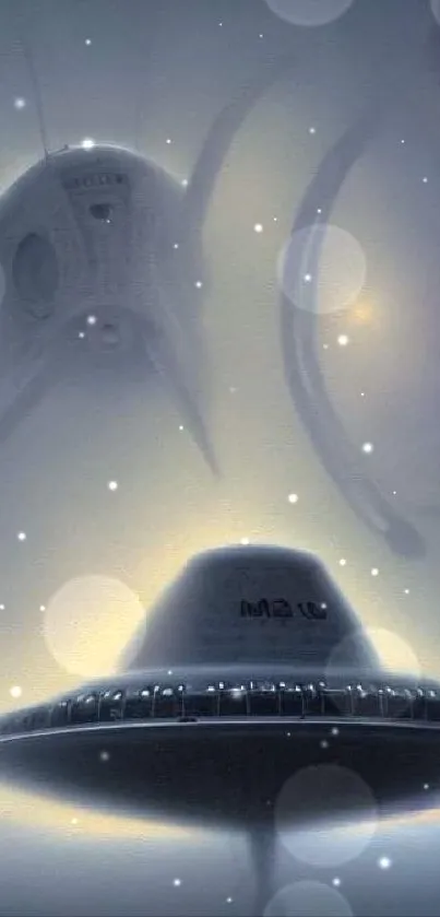 Futuristic alien spaceship depicted in a misty, cosmic scene.