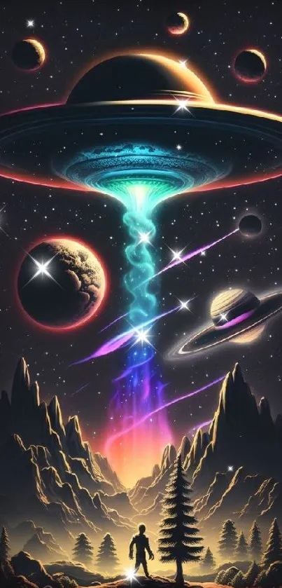 Sci-fi art with UFO in cosmic landscape.