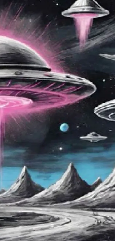 Sci-fi wallpaper with UFOs over an alien landscape.