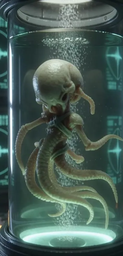 Alien specimen in futuristic lab jar.