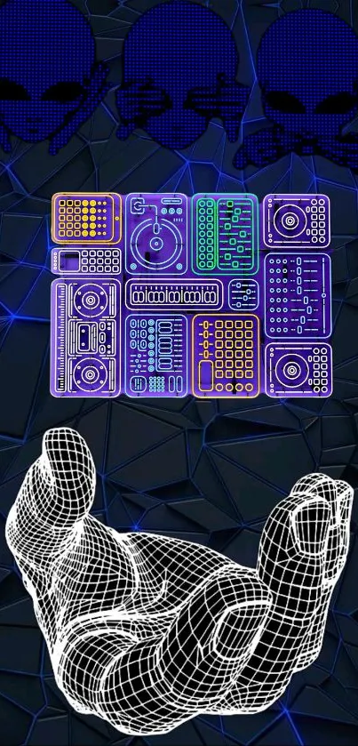 Futuristic alien tech design with wireframe hand in dark blue and neon colors.