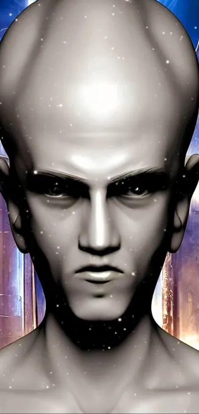 3D humanoid face with cosmic urban background in sci-fi art style.