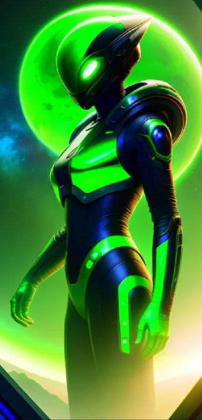 Futuristic alien figure with neon glow in space.