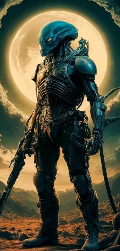 Futuristic alien warrior under a full moon on mobile wallpaper.