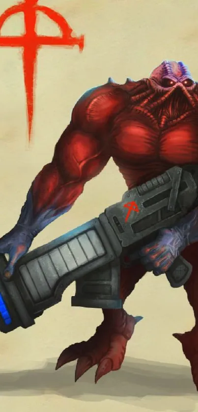 Alien warrior with large weapon on wallpaper.