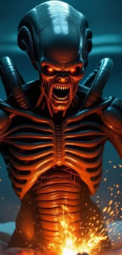 Futuristic alien warrior with fiery details.