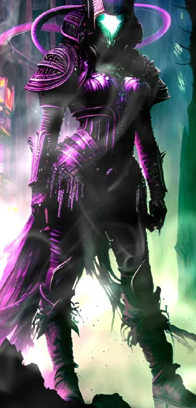 Futuristic alien warrior in neon-lit forest art.