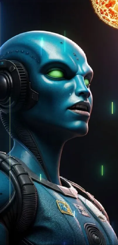 Blue alien warrior with glowing eyes against a cosmic background on mobile wallpaper.