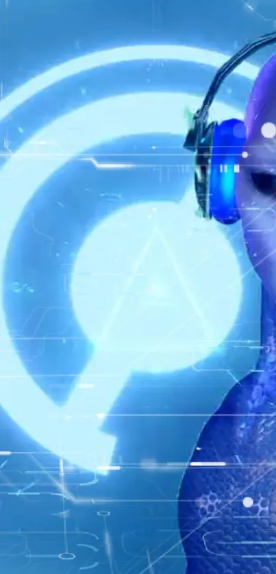 Blue alien with headphones on futuristic wallpaper.