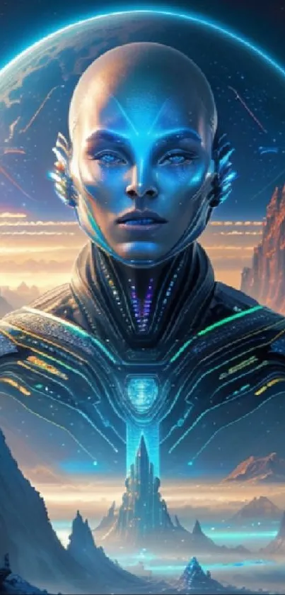 Futuristic alien with cosmic backdrop, vibrant in shades of blue.